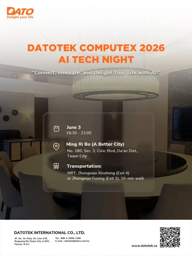 As COMPUTEX 2026 takes place in grand style, DATOTEK cordially invites our global partners, industry innovators, and tech experts to join us at our exclusive After Party!Under this year's theme, "Connect, Innovate, and Delight Your Life with AI," we are bringing together the brightest minds in the industry. It’s the perfect opportunity to escape the exhibition hustle, enjoy an evening of great food and drinks, and engage in meaningful conversations about the latest AI trends and high-performance tech innovations.Let’s inspire new ideas and build lasting partnerships in a relaxed, vibrant atmosphere!Scan the QR code or click the link to contact us : https://www.datotek.co/contacts/#COMPUTEX2026 #DATO #AITechNight #AfterParty #taipei